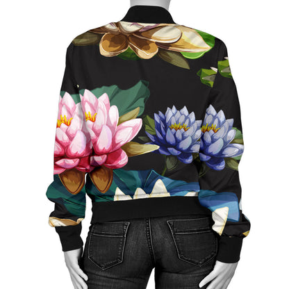 Water Lily Pattern Print Design WL02 Women Bomber Jacket