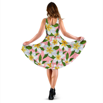 White Plumeria Pattern Print Design PM011 Midi Dress