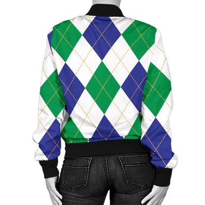 Argyle Green Blue Pattern Print Design 03 Women's Bomber Jacket