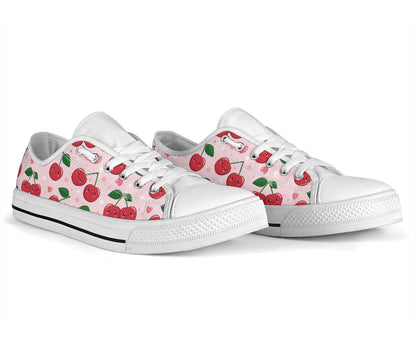 Cherry Pattern Print Design CH02 White Bottom Low Top Shoes