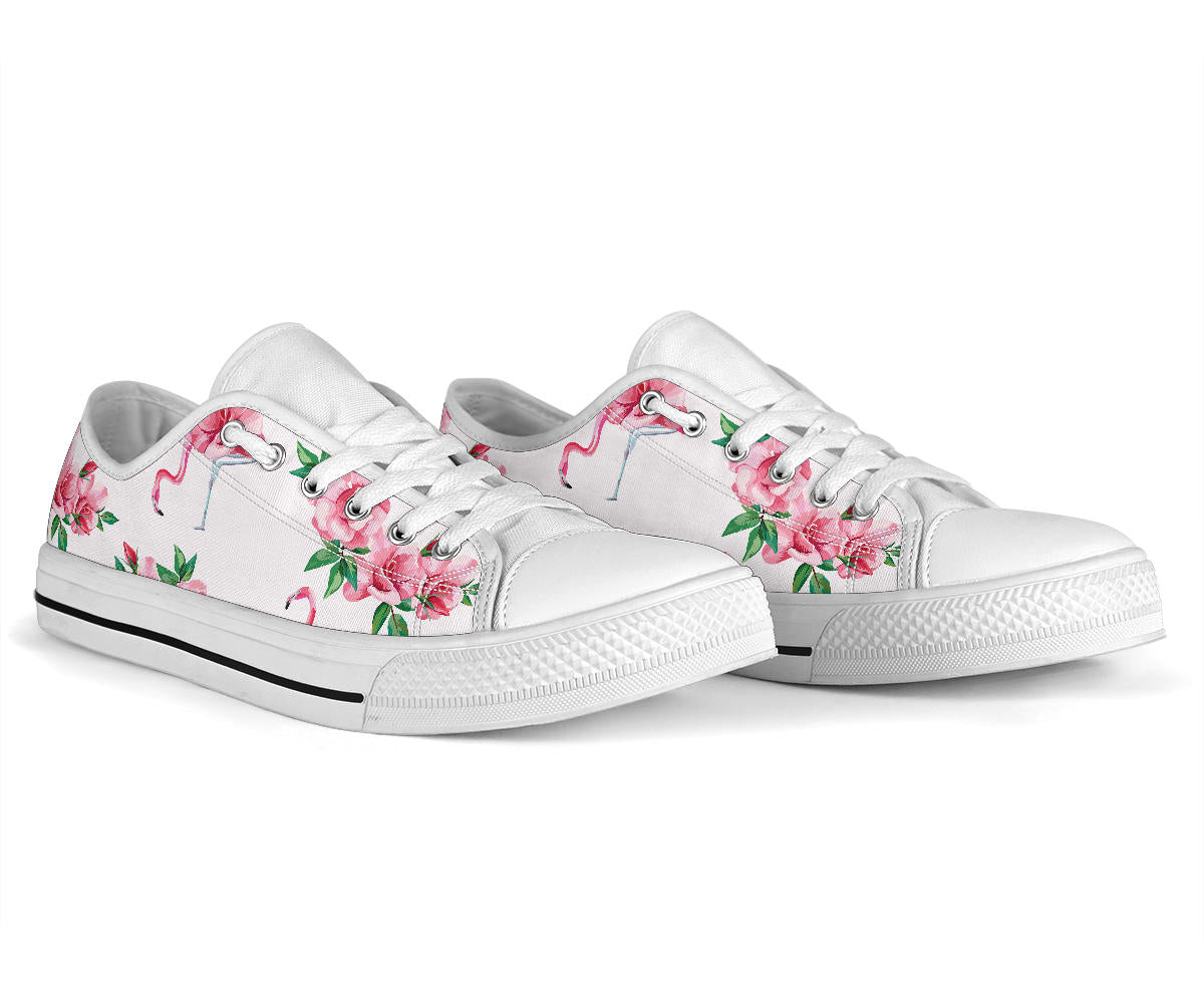 Flamingo Rose Pattern White Bottom Low Top Shoes