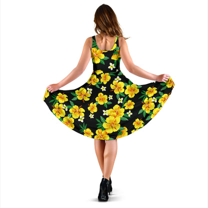 Yellow Hibiscus Pattern Print Design HB08 Midi Dress