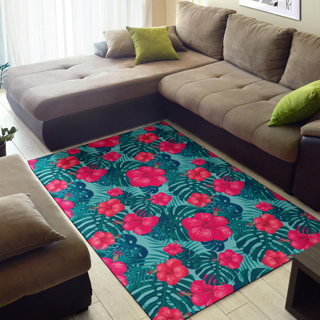 Red Hibiscus Pattern Print Design HB017 Area Rugs