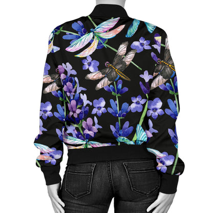 Lavender Dragonfly Pattern Print Design LV03 Women Bomber Jacket