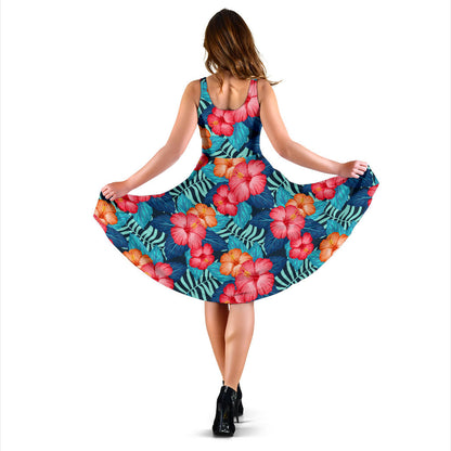 Red Hibiscus Pattern Print Design HB02 Midi Dress