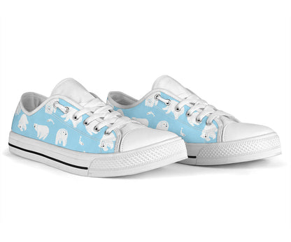 Polar Bear Pattern Print Design PB01 White Bottom Low Top Shoes