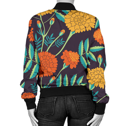 Marigold Pattern Print Design MR01 Women Bomber Jacket