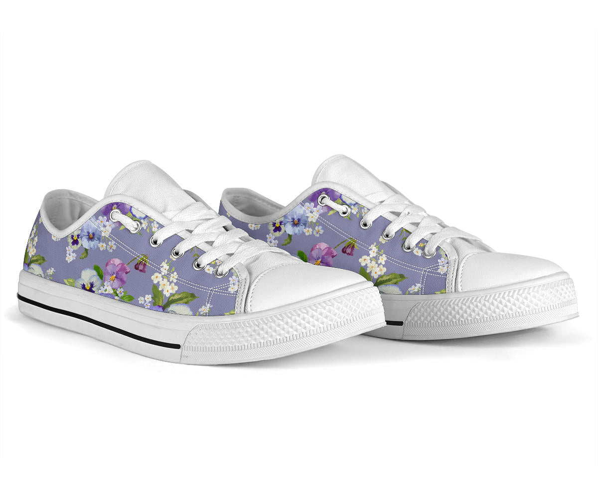 Pansy Pattern Print Design PS05 White Bottom Low Top Shoes