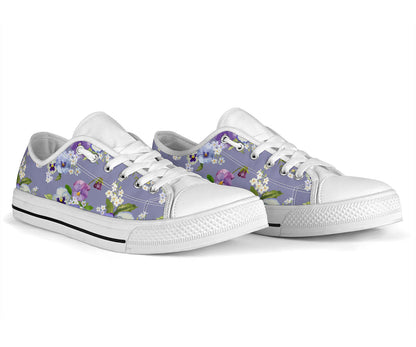 Pansy Pattern Print Design PS05 White Bottom Low Top Shoes