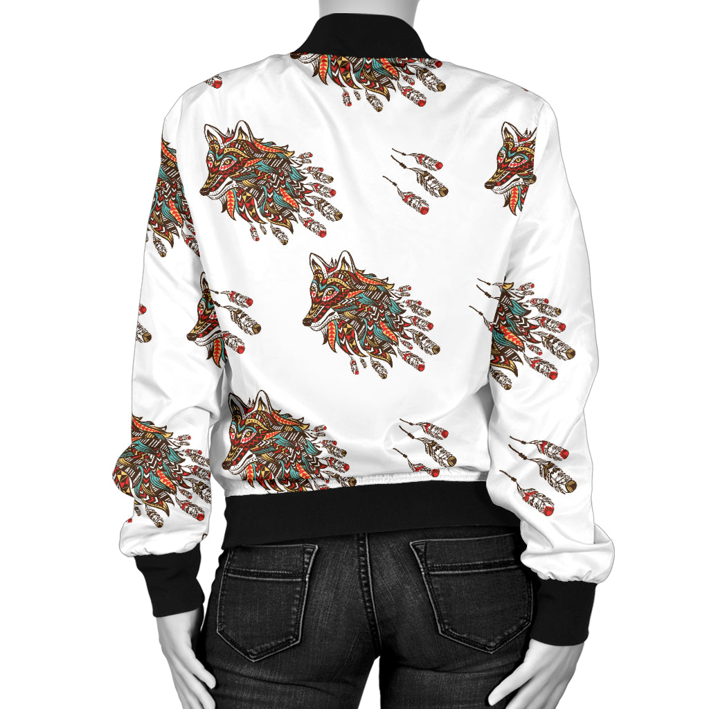 Aztec Wolf Pattern Print Design 02 Women's Bomber Jacket
