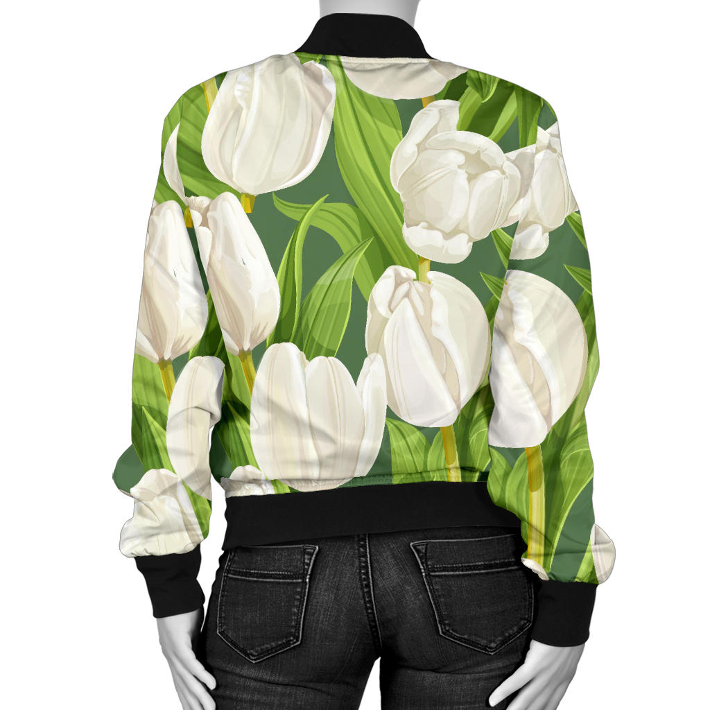 Tulip White Pattern Print Design TP05 Women Bomber Jacket