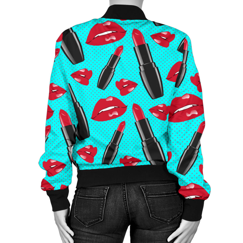 Lipstick Pattern Print Design LT02 Women Bomber Jacket