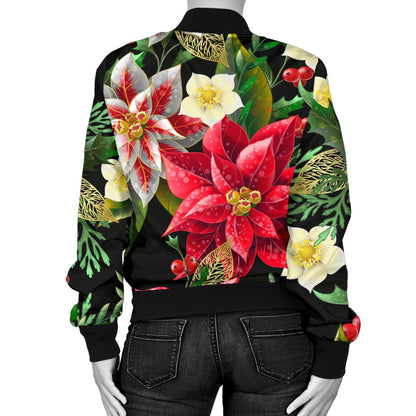 Poinsettia Pattern Print Design POT05 Women Bomber Jacket