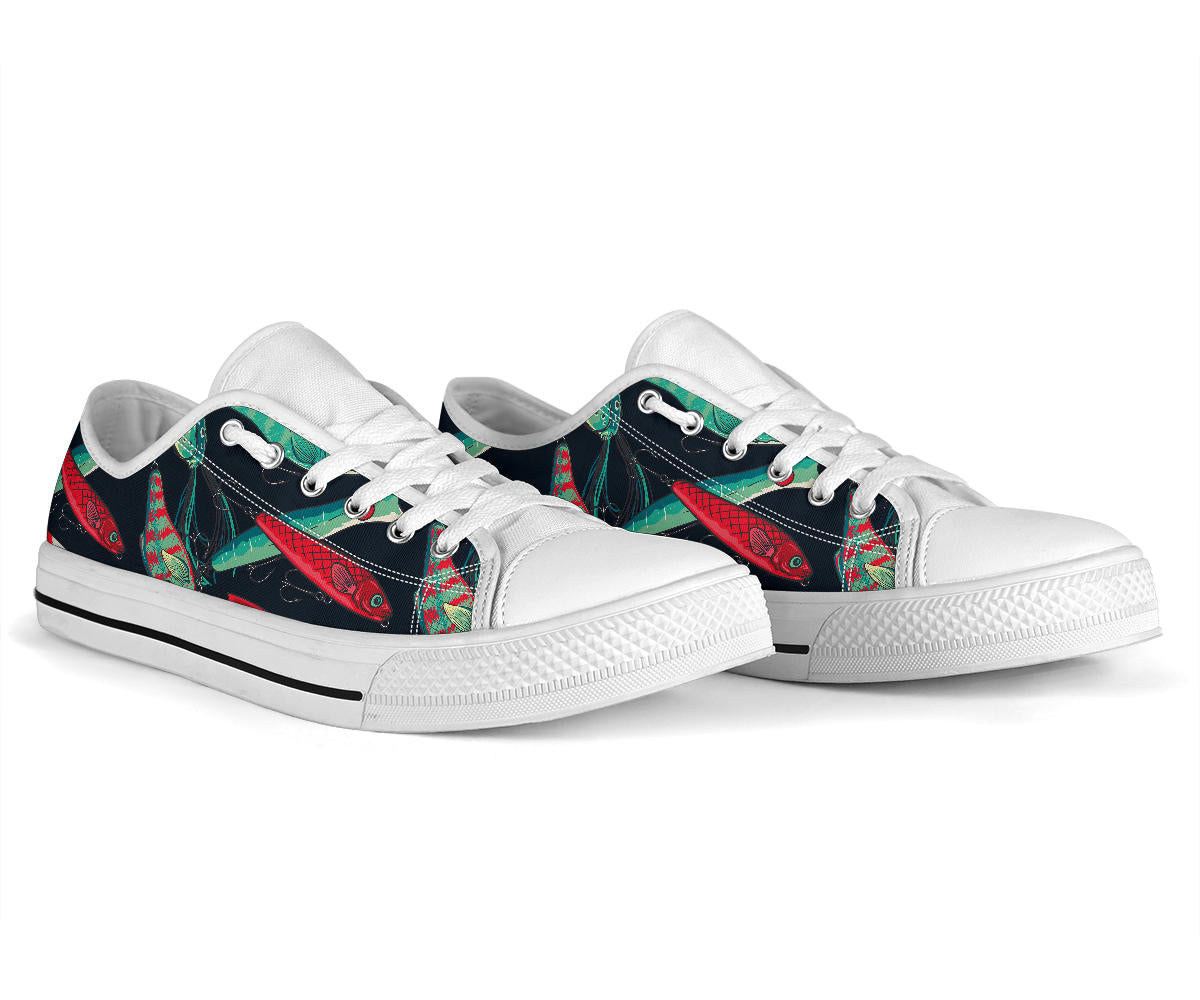 Fishing Bait Pattern White Bottom Low Top Shoes