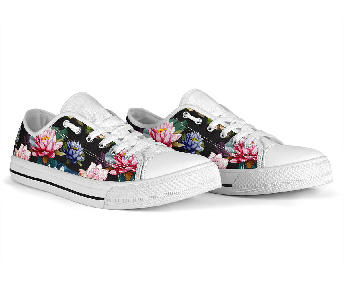 Water Lily Pattern Print Design WL02 White Bottom Low Top Shoes