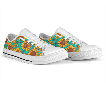 Sunflower Pattern Print Design SF013 White Bottom Low Top Shoes