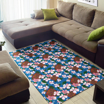 Sea Turtle Pink Hibiscus Hawaiian Print Area Rugs