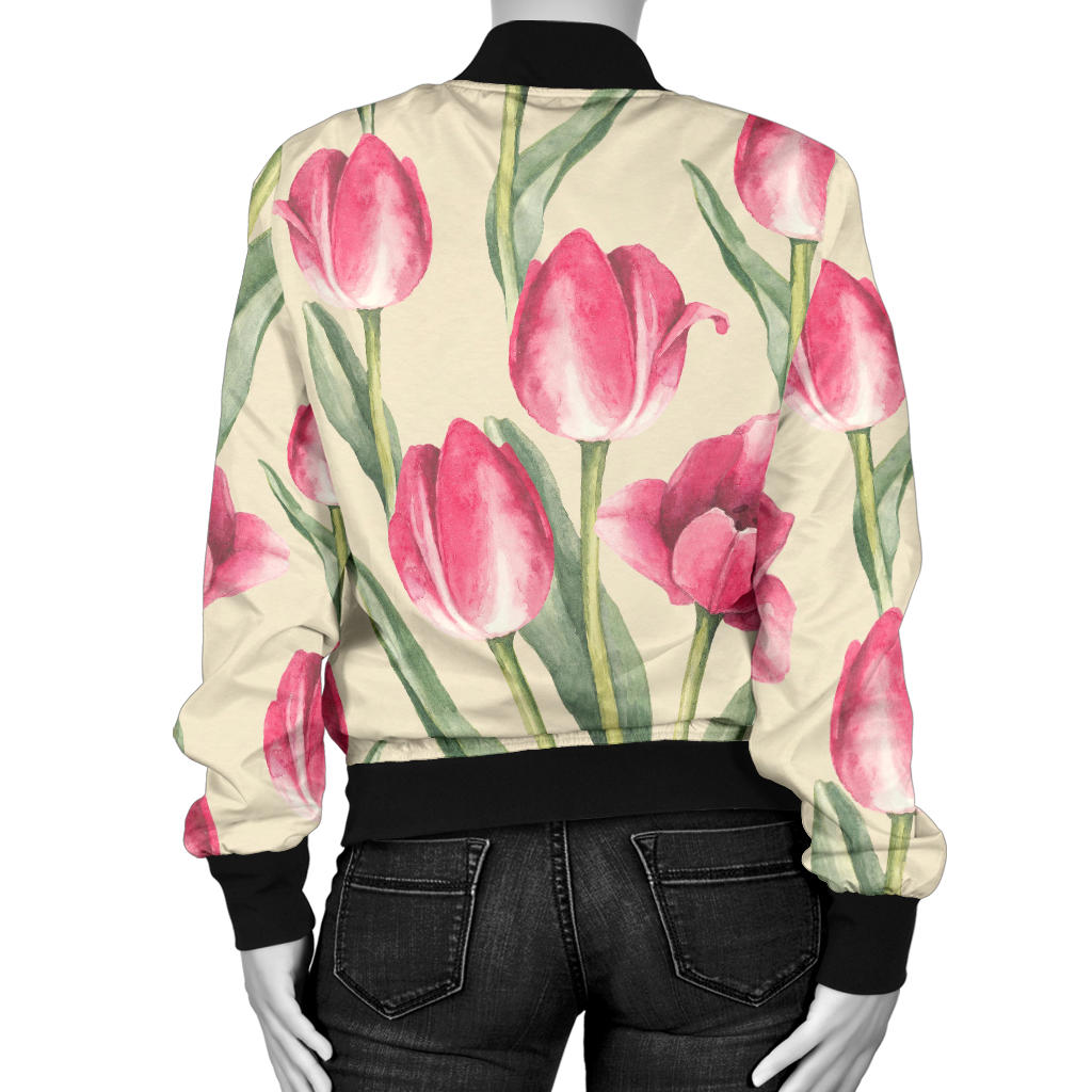 Tulip Pink Pattern Print Design TP06 Women Bomber Jacket