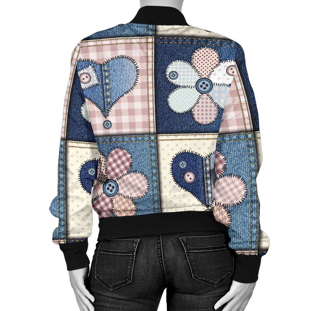 Patchwork Heart Flower Pattern Print Design 01 Women's Bomber Jacket