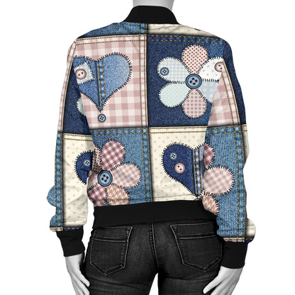 Patchwork Heart Flower Pattern Print Design 01 Women's Bomber Jacket