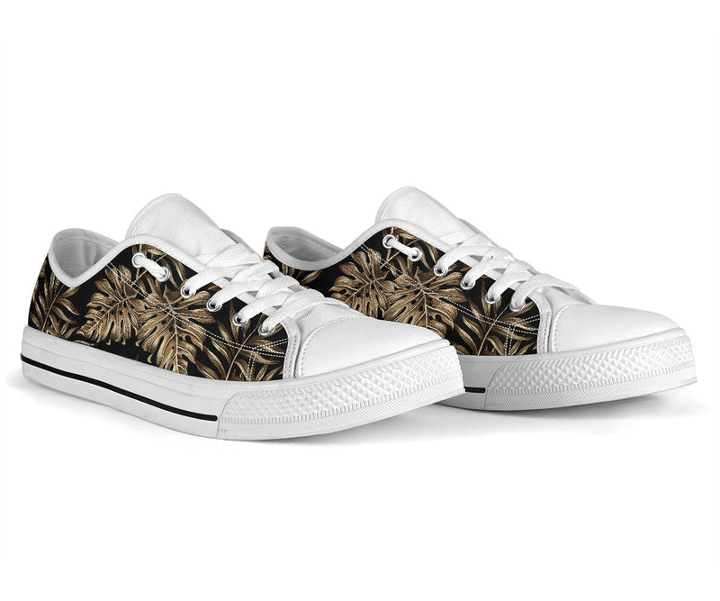 Brown Tropical Palm Leaves White Bottom Low Top Shoes