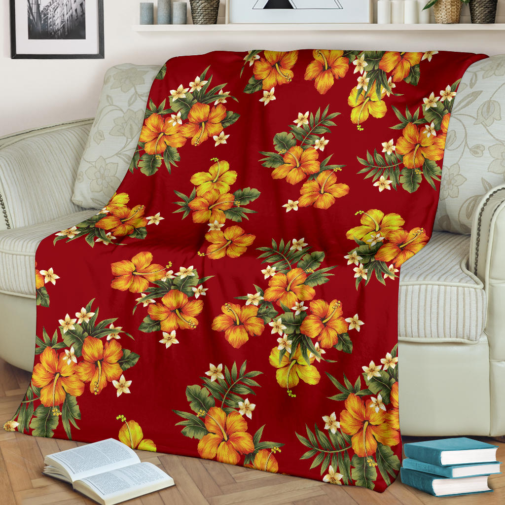 Orange Hibiscus Pattern Print Design HB026 Fleece Blanket