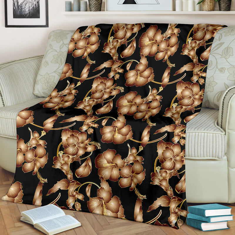 Brown Hibiscus Pattern Print Design HB06 Fleece Blanket