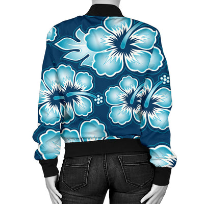 Blue Hibiscus Pattern Print Design HB011 Women Bomber Jacket