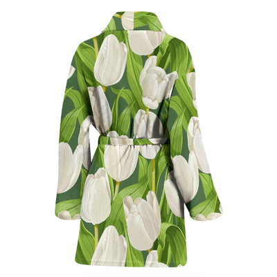 Tulip White Pattern Print Design TP05 Women Bathrobe