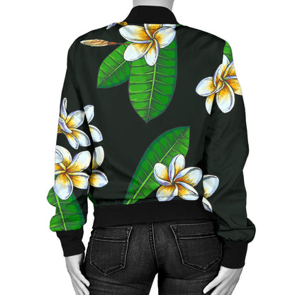 White Plumeria Pattern Print Design PM023 Women Bomber Jacket