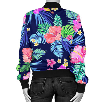 Neon Hibiscus Pattern Print Design HB016 Women Bomber Jacket