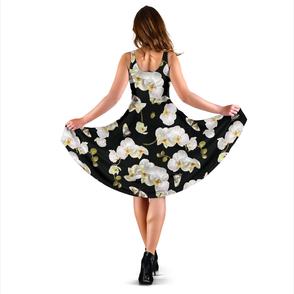 Orchid White Pattern Print Design OR011 Midi Dress