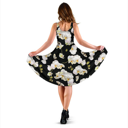 Orchid White Pattern Print Design OR011 Midi Dress