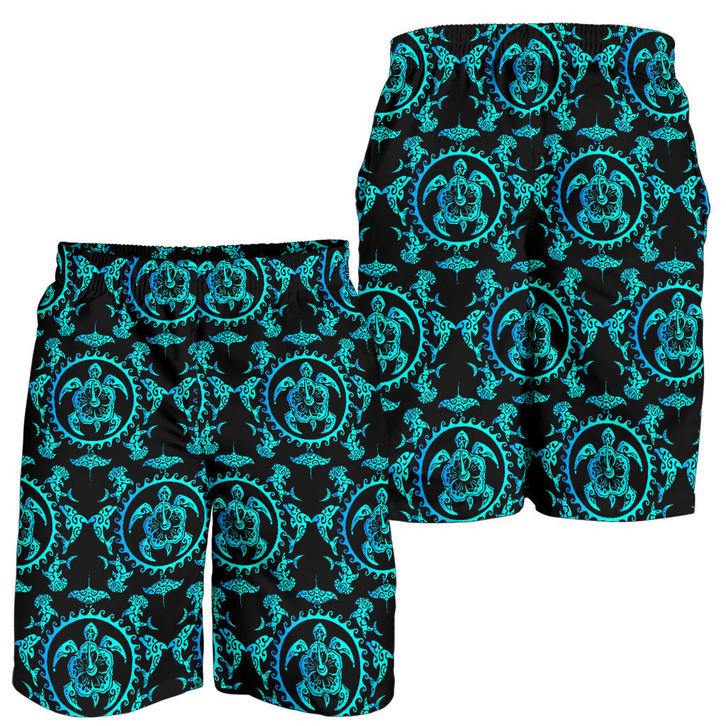 turquoise Tribal Sea Turtle Hawaiian Mens Shorts