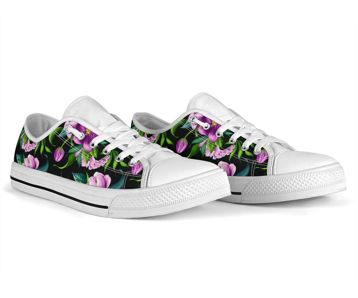 Bright Purple Floral Pattern White Bottom Low Top Shoes