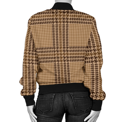 Houndstooth Brown Pattern Print Design 04 Women's Bomber Jacket