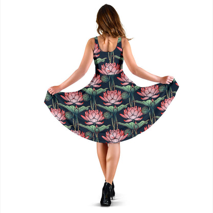 Water Lily Pattern Print Design WL03 Midi Dress