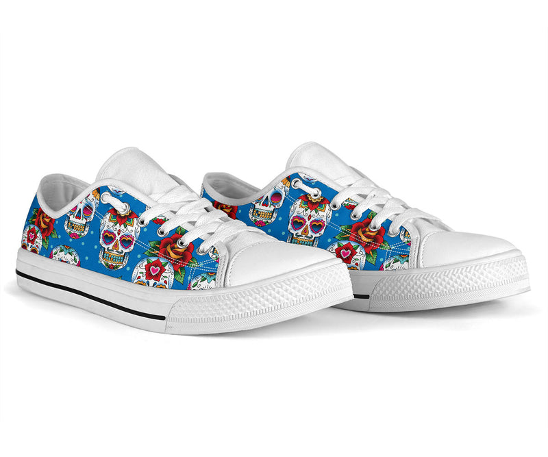 Sugar Skull Rose Pattern White Bottom Low Top Shoes