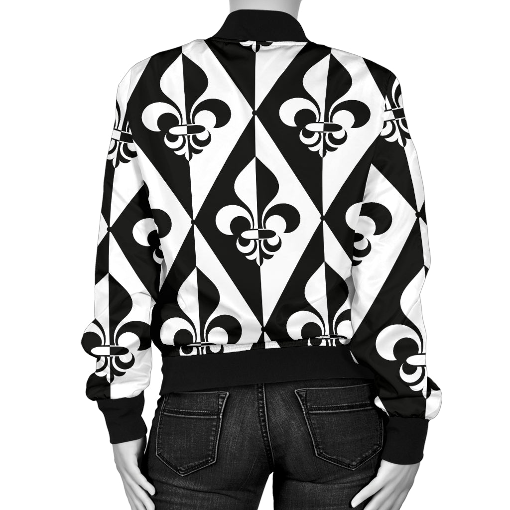 Fleur De Lis Black White Pattern Print Design 02 Women's Bomber Jacket