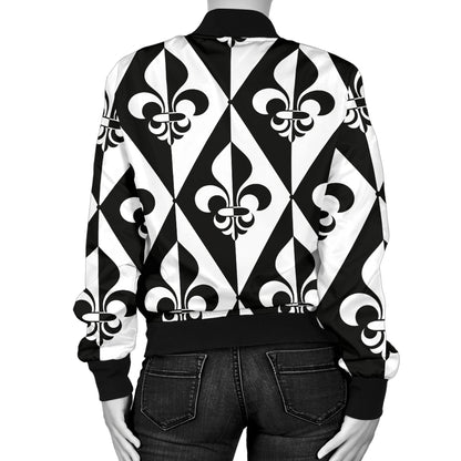 Fleur De Lis Black White Pattern Print Design 02 Women's Bomber Jacket