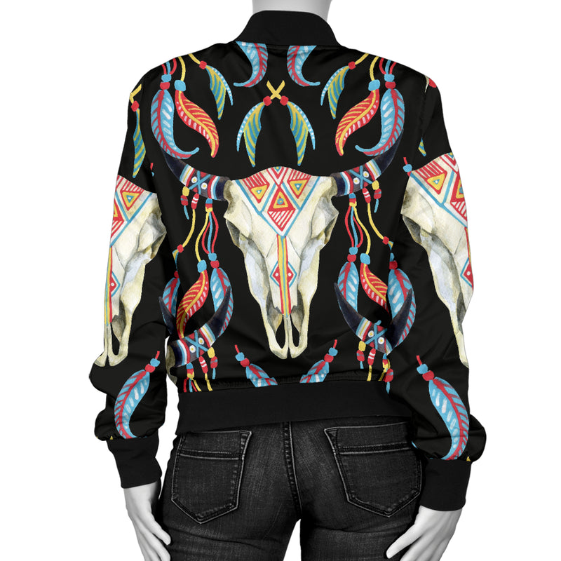 Buffalo Head Boho Style Pattern Print Design 01 Women's Bomber Jacket