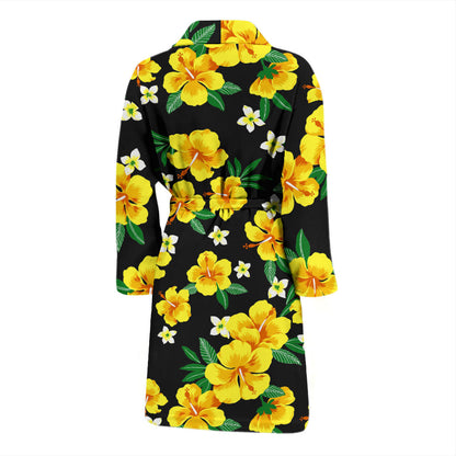 Yellow Hibiscus Pattern Print Design HB08 Men Bathrobe