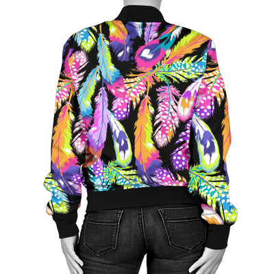 Neon Feather Pattern Print Design A02 Women's Bomber Jacket