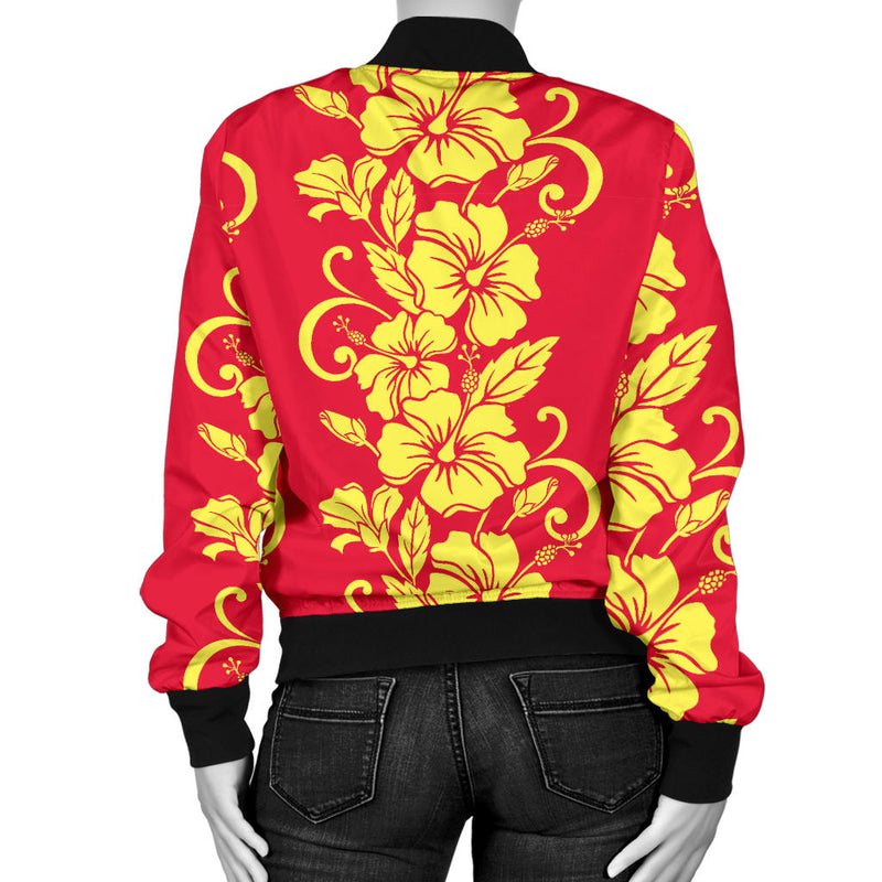 Orange Hibiscus Pattern Print Design HB018 Women Bomber Jacket