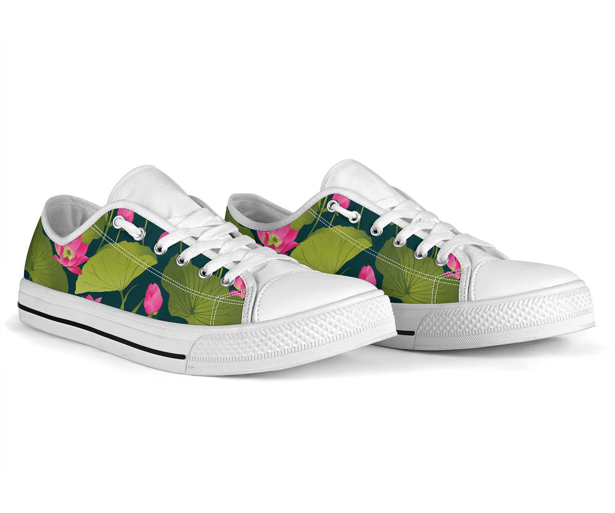 Water Lily Pattern Print Design WL09 White Bottom Low Top Shoes
