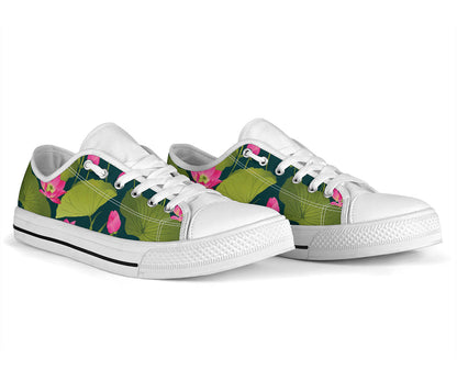 Water Lily Pattern Print Design WL09 White Bottom Low Top Shoes