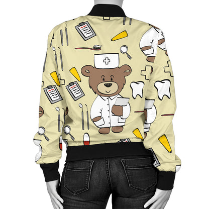 Nurse Bear Pattern Print Design A02 Women's Bomber Jacket