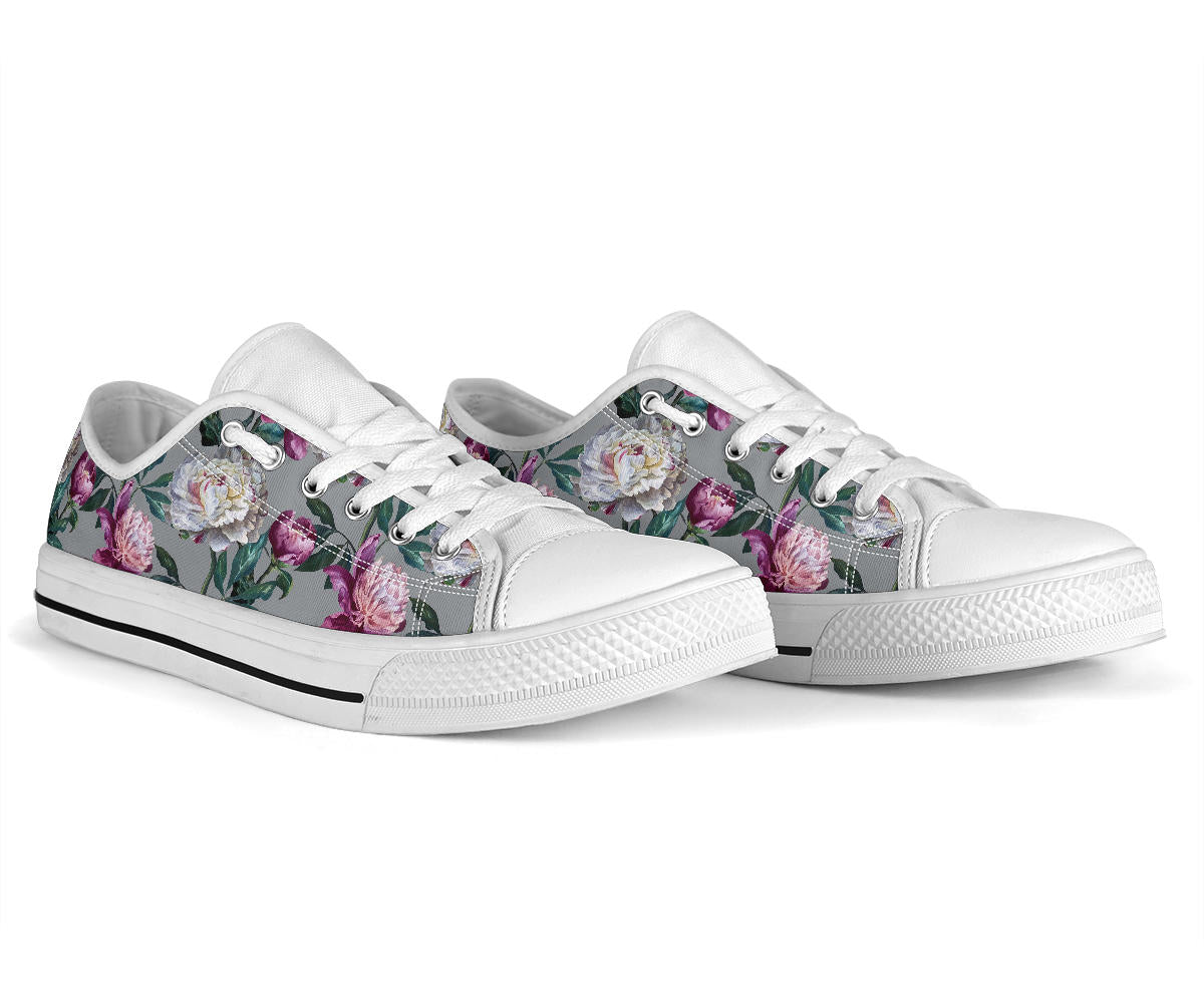 Peony Pattern Print Design PE01 White Bottom Low Top Shoes