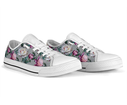 Peony Pattern Print Design PE01 White Bottom Low Top Shoes
