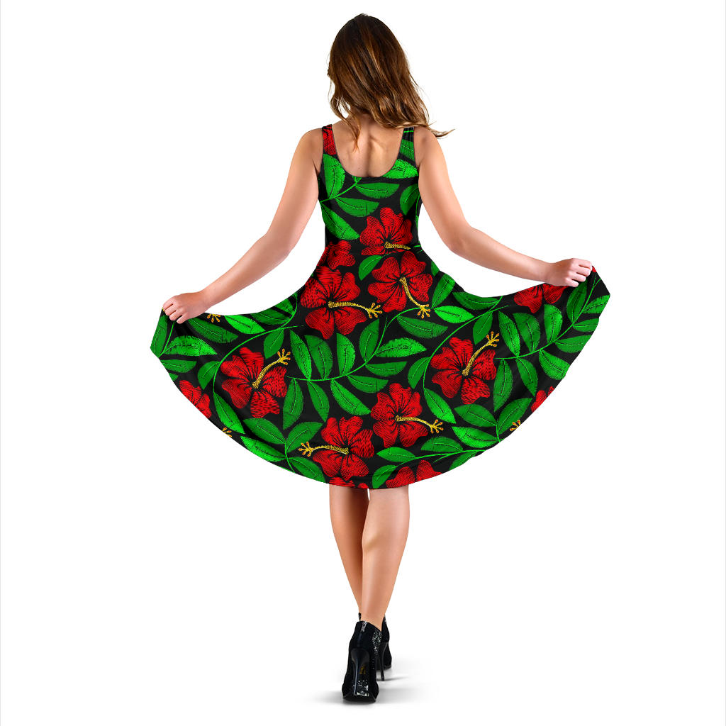 Red Hibiscus Embroidered Pattern Print Design HB032 Midi Dress